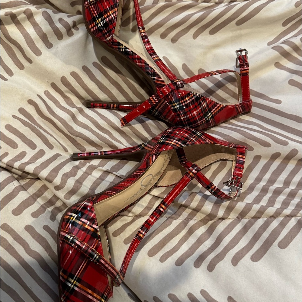 Plaid Red Stiletto Heels Jessica Simpson wilrou size 8.5 new.